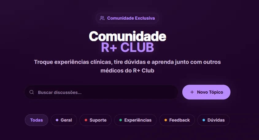 Página da Comunidade do R+ Club, com busca de discussões e categorias Geral, Dúvidas e Experiências.